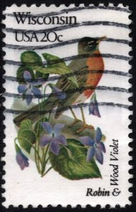 SC#2001 20¢ State Birds & Flowers: Wisconsin; Perf 10½ x 11¼ (1982) Used