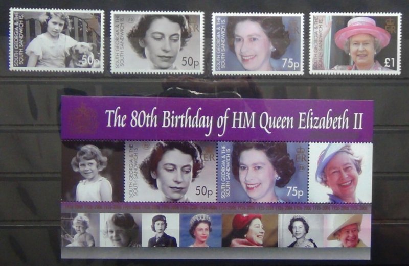 South Georgia 2006 80th Birthday of Queen Elizabeth II set and Miniature set MNH