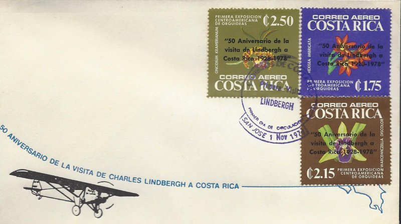 COSTA RICA ORCHIDS,OVERPRINTED 50 ANNIV LINDBERGH'S VISIT Sc C718-C720 FDC 1978