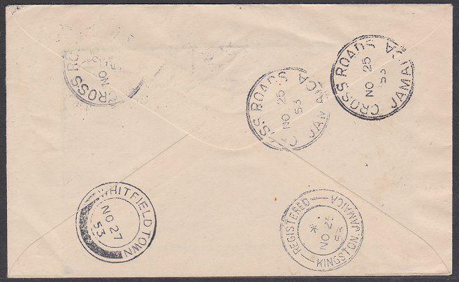 JAMAICA 1953 Royal Visit registered FDC Crossroards to Whitfield Town........745