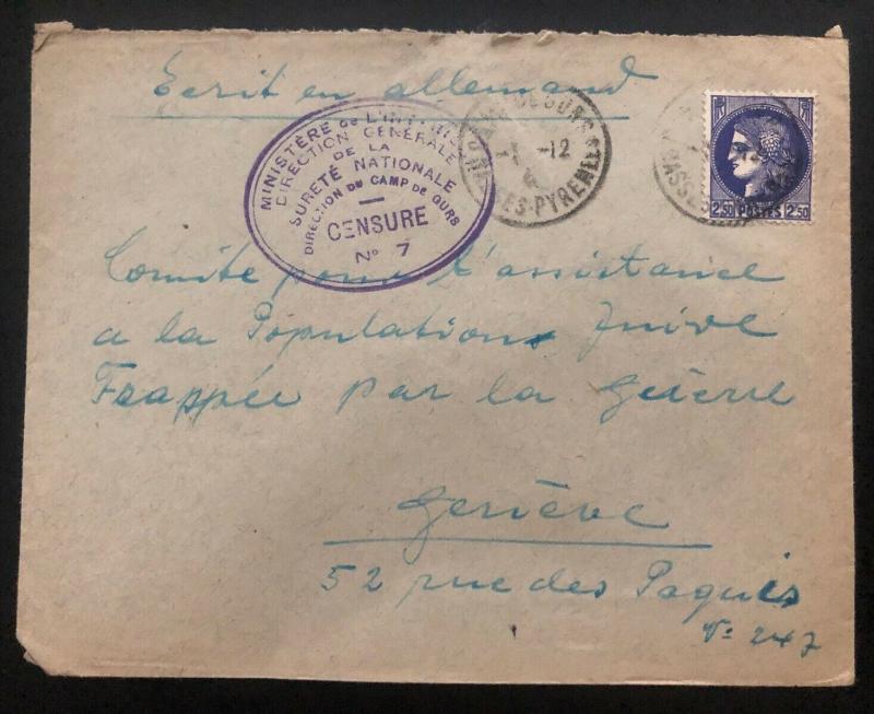 1941 France Internment Camp de Gurs prisoner Cover to RedCross Swi