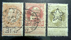 BELGIUM STAMP 1893-1911 SC# 65, 85 & 86 Lot x 3 - King Leopold FANCY PERFIN USED