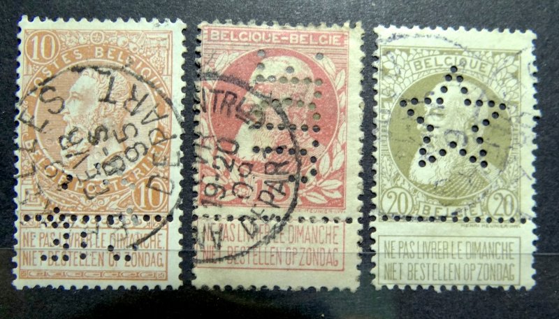 BELGIUM STAMP 1893-1911 SC# 65, 85 & 86 Lot x 3 - King Leopold FANCY PERFIN USED