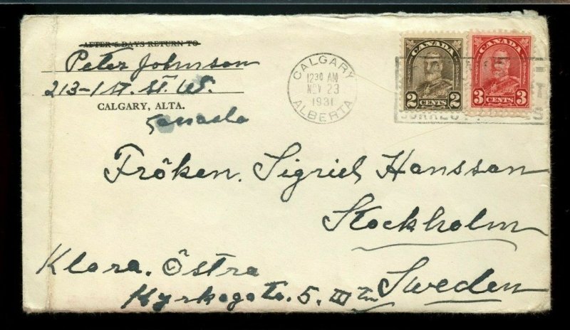 5 cent UPU surface rate 1st oz to SWEDEN w/contents 1931 Arch issue cover Canada