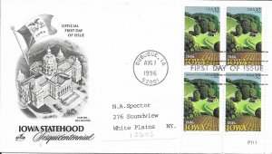 1996 FDC, #3088, 32c Iowa Statehood, Art Craft, plate block of 4