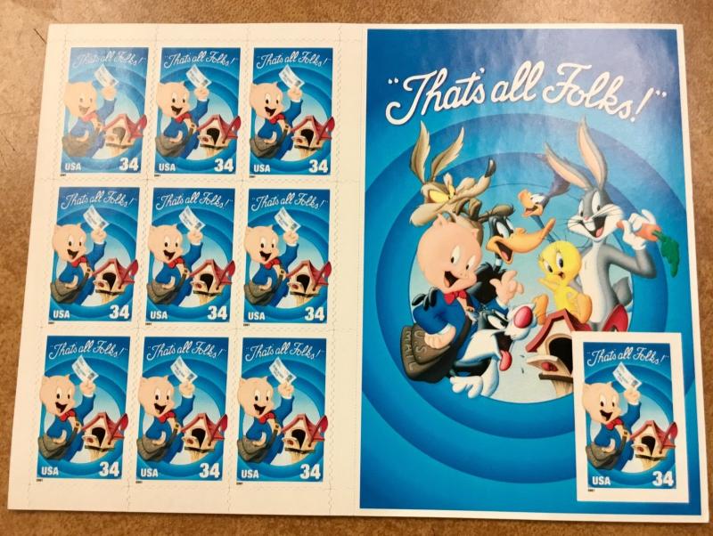 3535  Porky Pig 2001 special  Die Cut  Sheet of 10 Imperf Single  