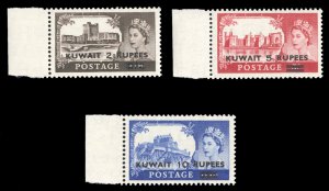 Kuwait #117-119 Cat$30, 1955 QEII Surcharges, sheet margin set of three, neve...