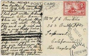 Fiji 1942 Lautoka cancel on postcard to the U.S., censored