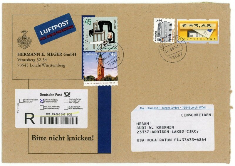 Germany to USA Deutsche Post Registered Airmail Commercial Cover Customs Label