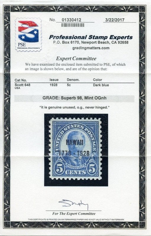 US SCOTT #648 MINT-SUPERB-OG-NH GRADED 98 W/ PSE CERT SMQ $375 (6/7/23 GP)