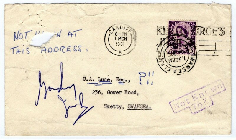 GB WALES REGIONAL Cover Explanatory Violet *NOT KNOWN/ 763* Cardiff 1961 PE271 