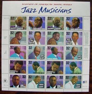 USA, Scott 2992a (2983-2992), Jazz Musicians  Sheet of 20