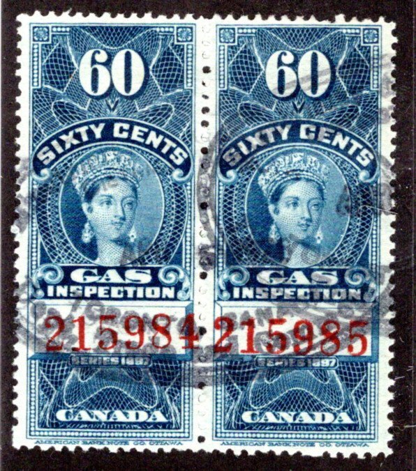 van Dam FG20, 60c, used, pair, 1897 Victoria, Red Control Numbers, Canada