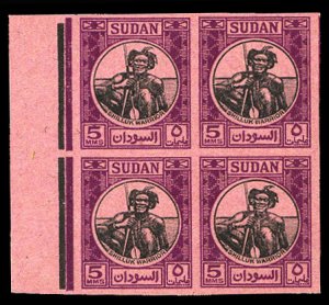Sudan #102P, 1951 5m Warrior, left margin imperf. block of four on printers w...