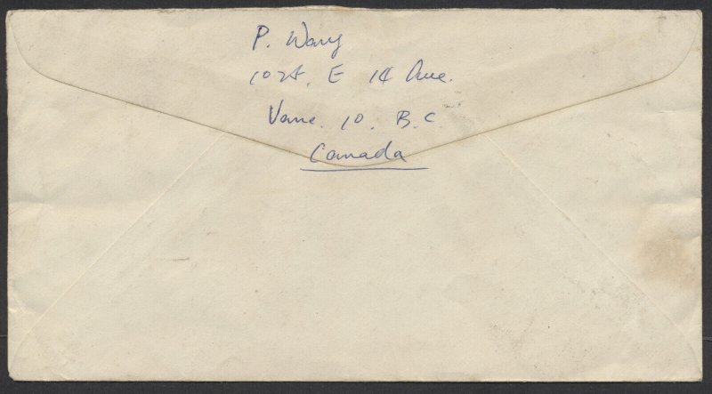 1967 Foreign Destination Cover Air Mail 50c Rate Vancouver BC to Hong Kong