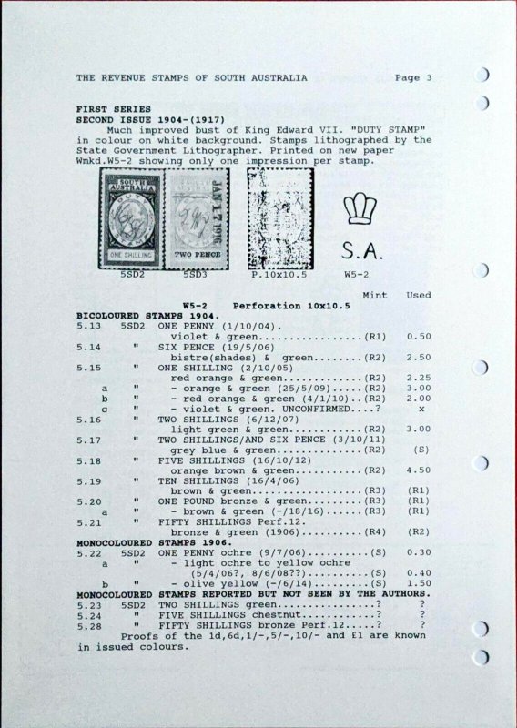 Priced Catalogue of the REVENUE STAMPS OF SOUTH AUSTRALIA Cinderella Fiscal