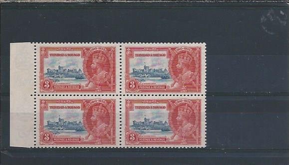 TRINIDAD & TOBAGO 1935 SJ 3c VALUE BLK OF 4 ONE EXTRA FLAGSTAFF VARIETY VLMM