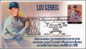 AO 3408T, 2000, Legends of Baseball, FDC, Add On Cachet, Lou Gehrig, SC 3408t