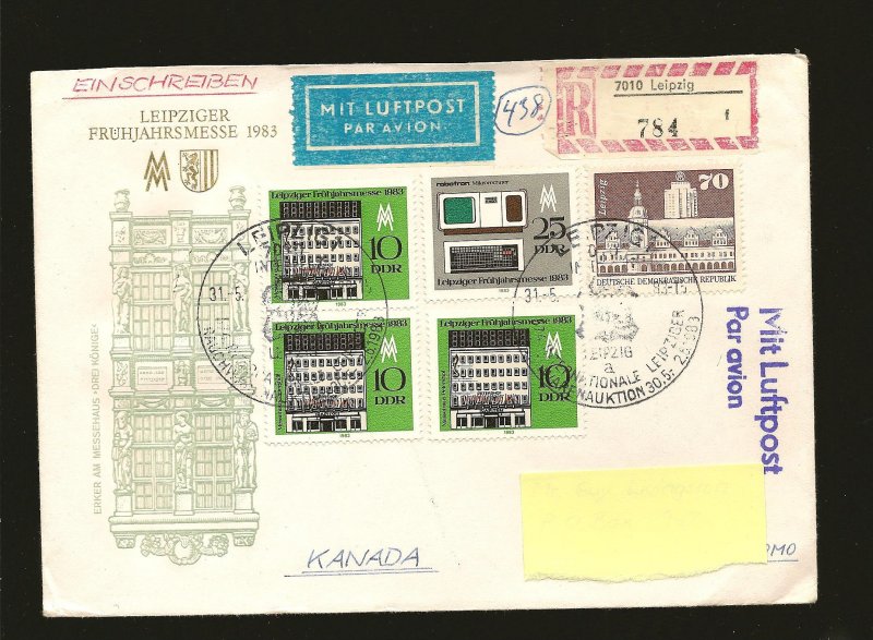 Germany DDR Postmark Leipzig 1983 Multi-stamp Registered Cover to Canada Used