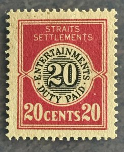 MALAYA 1920 Entertainments Duty Paid 20c Fresh Mint NH No Wmk ISC#ED2 M3299