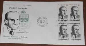 Canada 558 Pierre Laporte  Cole Block of 4, FDC