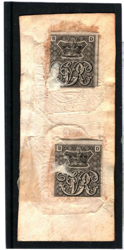 GB QV Cypher Label *RED PAPER* REVENUE Embossed 7/6d Duty Paid PAIR c1840  1349b