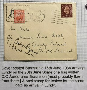 1938 Barnstaple To Lundy Channel Island England Airmail Mixed Franking Cover