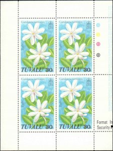 Tuvalu #92-95, Complete Set(4), Blocks of 4, 1978, Flowers, Never Hinged