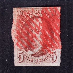 US 1 5c Franklin Used w/ Red Grid Cancels VF-XF SCV $500