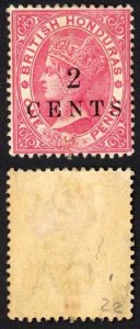 British Honduras SG27 2c on 1d rose wmk CA M/M Cat 17 pounds