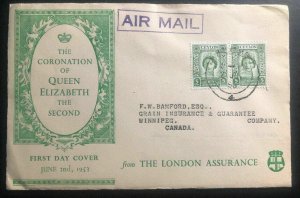 1953 Ceylon Queen Elizabeth II Coronation First Day cover FDC To Winnipeg Canada