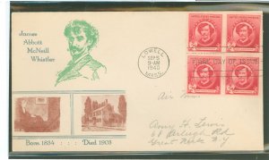 US 885 1940 2c James Whister (part of the famous american series) block of four on an addressed first day cover with a Reilly ca