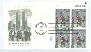 US B2 2002 Heroes of 2001 plate # block of 4 stamps on unaddressed FDC, Art Craft  cachet