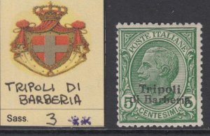 ITALY - Levante - Tripoli di Barberia - Sassone n. 3 MNH** cv 1020$