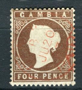 GAMBIA; 1886 early classic QV Crown CA issue fine used 4d. value, 