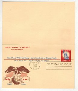 1962 STATUE OF LIBERTY ATTACHED PAID REPLY POSTAL CARD UY16 FLUEGEL