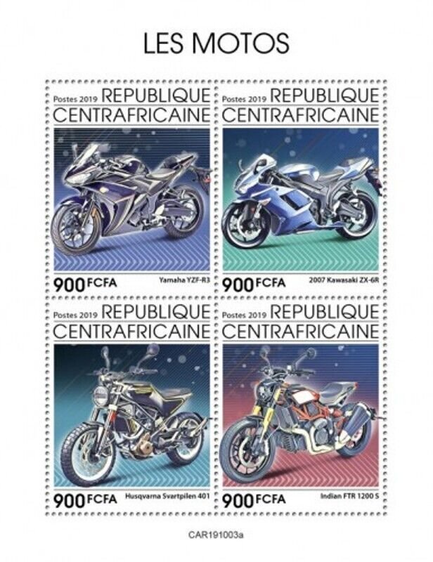 Central Africa - 2019 Motorcycles on Stamps - 4 Stamp Sheet - CA191003a