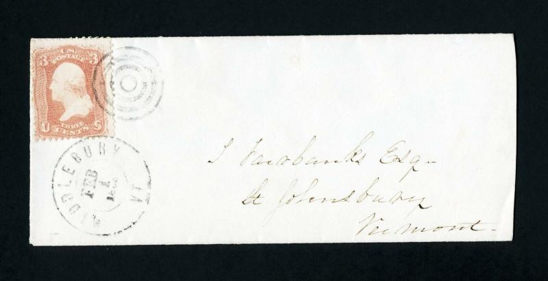 # 65 on cover from Middlebury, Vermont to St. Johnsburg, Vermont dated 2-1-1865