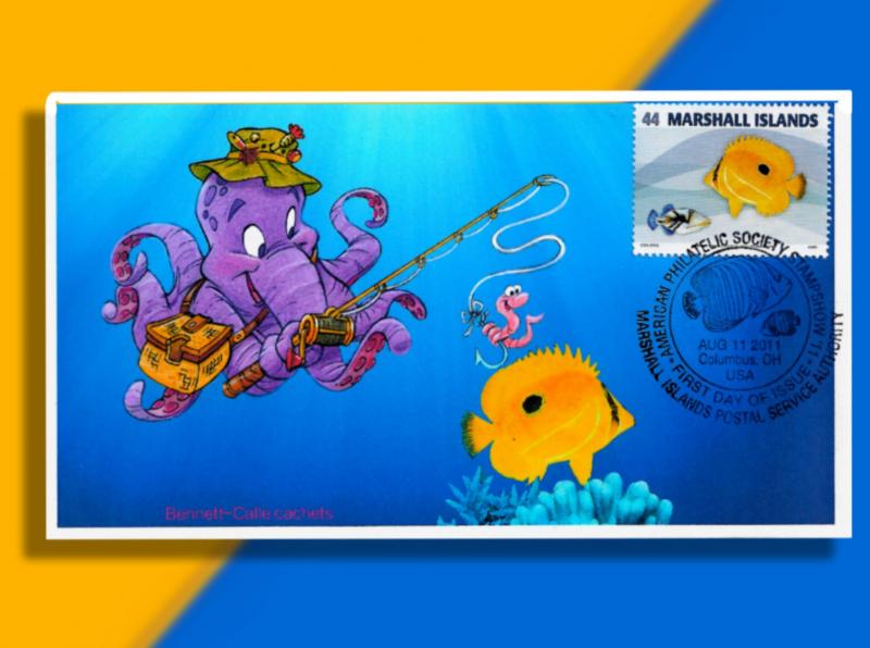 Fishing for Marshall Islands Fish with Calle, Bennett and an Octopus! FDC Pair.