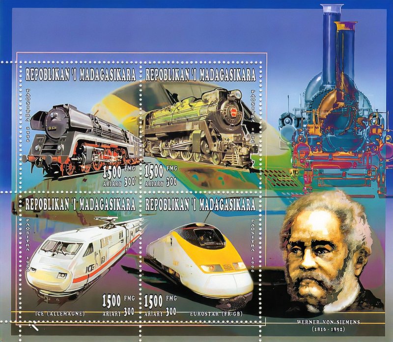 Madagascar 1996 Sc#1321  Trains-Eurostar-W.von Siemens Sheetlet (4)  MNH