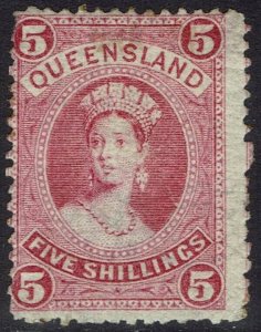 QUEENSLAND 1882 QV LARGE CHALON 5/- WMK CROWN/Q SIDEWAYS SG TYPE W5