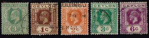 Ceylon 1912, Sc.#199; 200, 201, 202a, 231 used  King Edward VII + George V