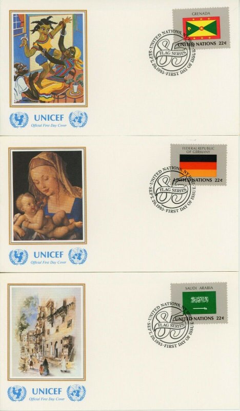 UNITED NATIONS #450-465 Flags FDC First Day Issue UNICEF Cover Collection 1985