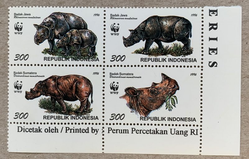 Indonesia 1996 WWF Rhinoceros block, MNH.  Scott 1673, CV $2.25