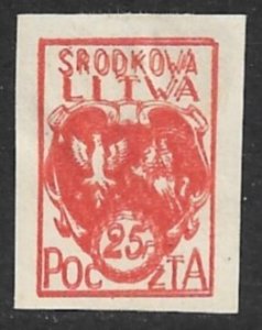 CENTRAL LITHUANIA 1920-21 25f Red Coat of Arms DOUBLE IMPRESSION Sc 1 MNGAP