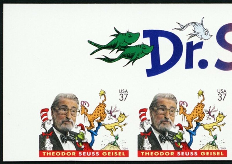 3835a, RARE Imperforate Error Pair of Four Dr. Seuss Stamps - Stuart Katz