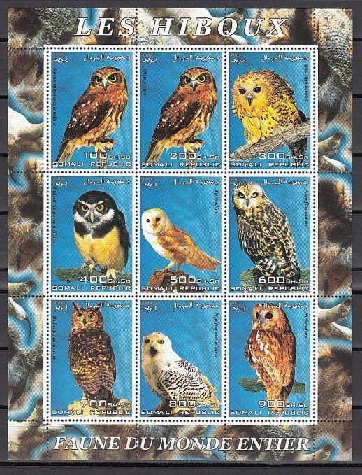 Somali Rep. 2003 issue. Various Owls on a sheet of 9.