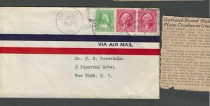 1932 Berkeley Ca 5c Airmail Cover W/Newspaper Clipping Of Plane Crash In Utah