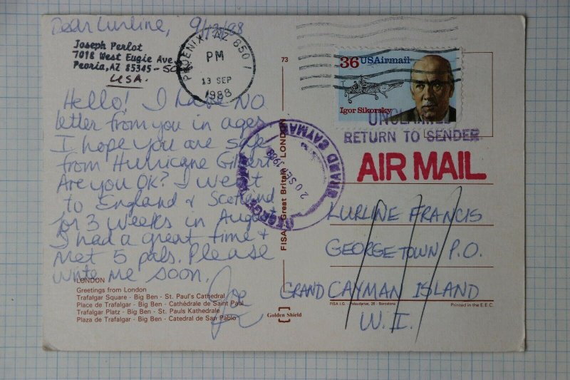 Grand Cayman Islands postal marking unclaimed return sender postcard 1988 