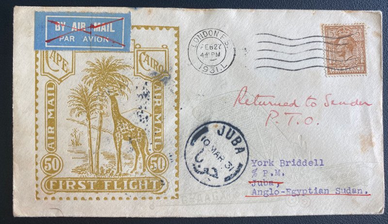 1931 London England Airmail First Flight Cover FFC To Juba Sudan